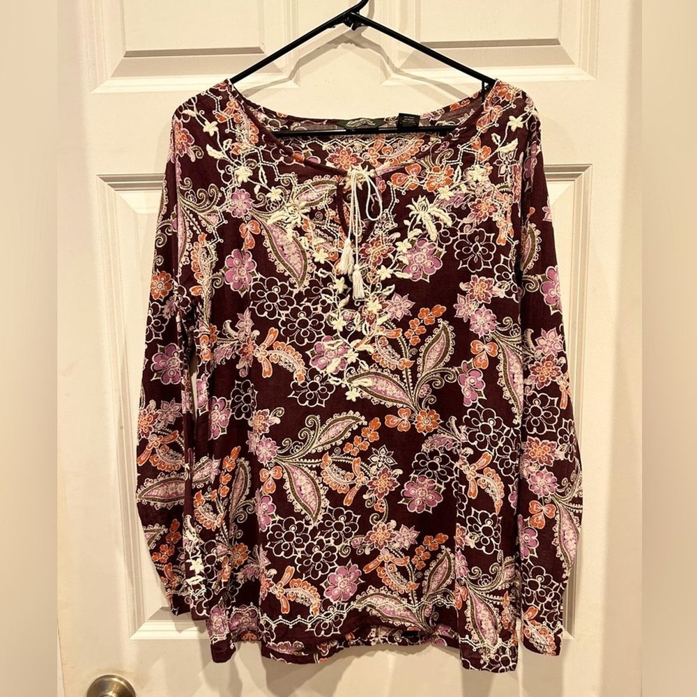 Eddie Bauer Womens M Purple Floral Paisley Cotton Embroidered Peasant Blouse